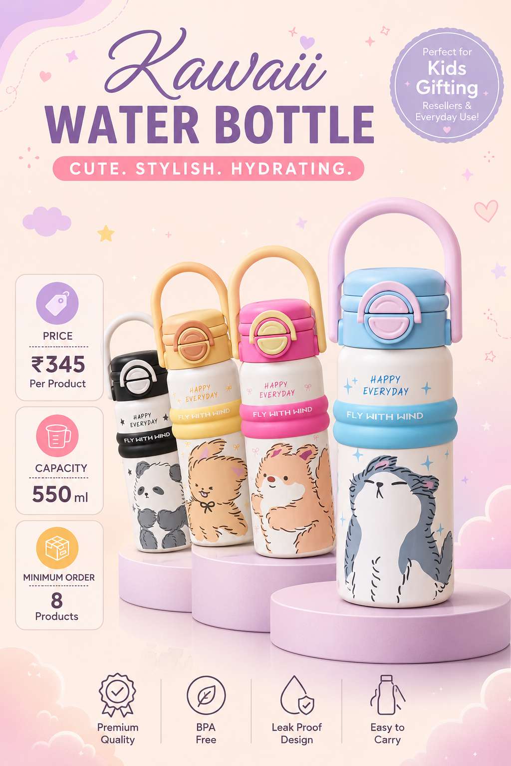 Kawaii Water Bottle — 550ml Animal