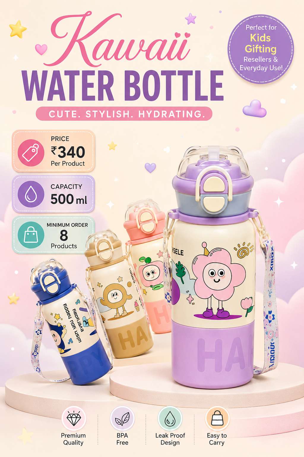 Kawaii Water Bottle — 500ml Everyday