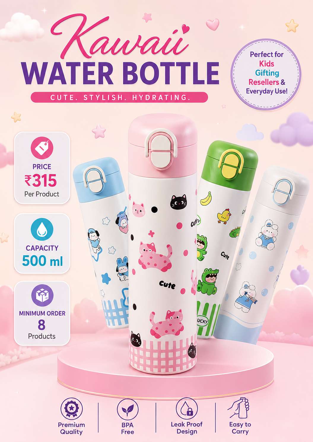 Kawaii Water Bottle — 500ml Pastel