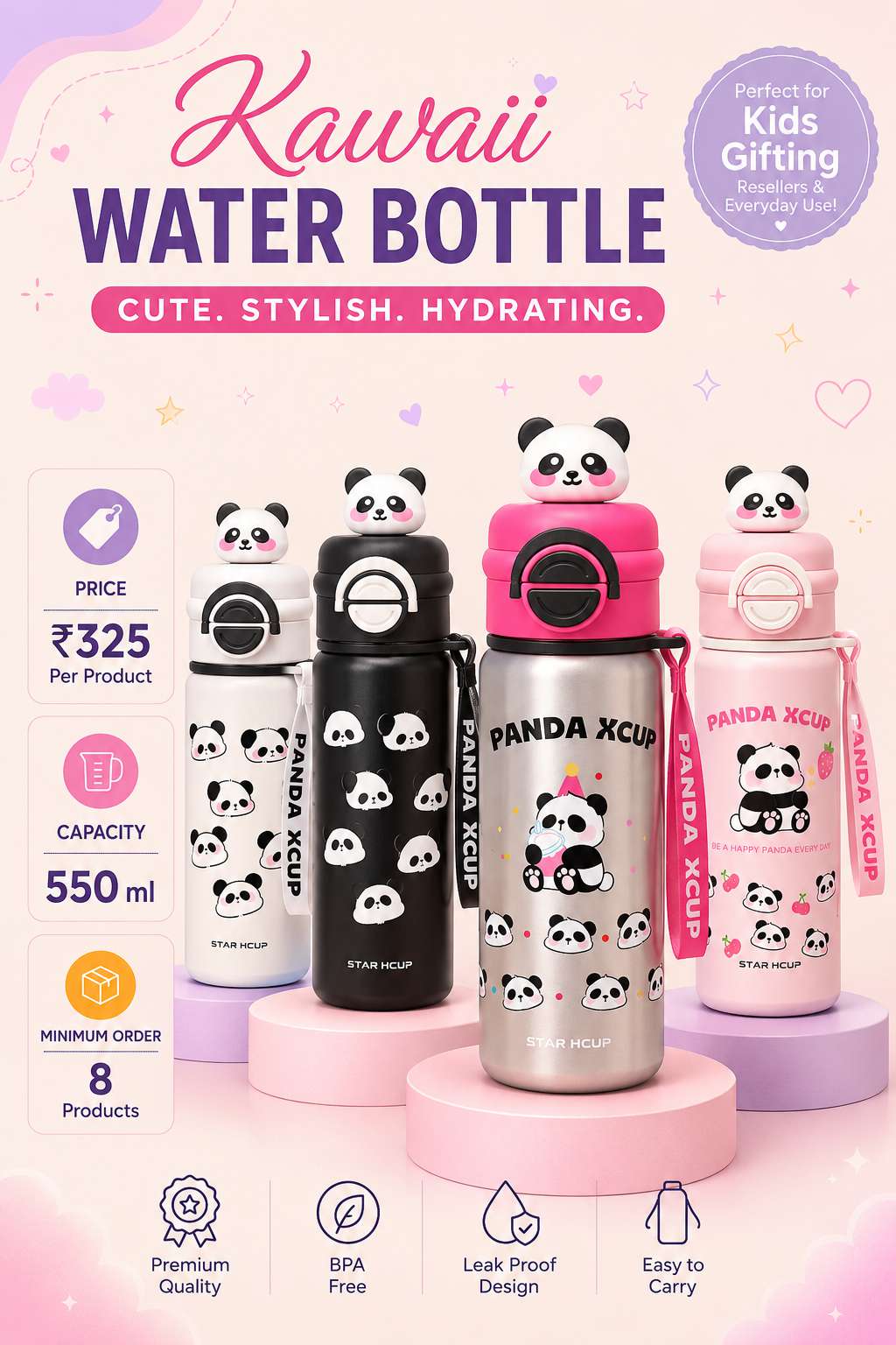 Kawaii Water Bottle — Panda 550ml