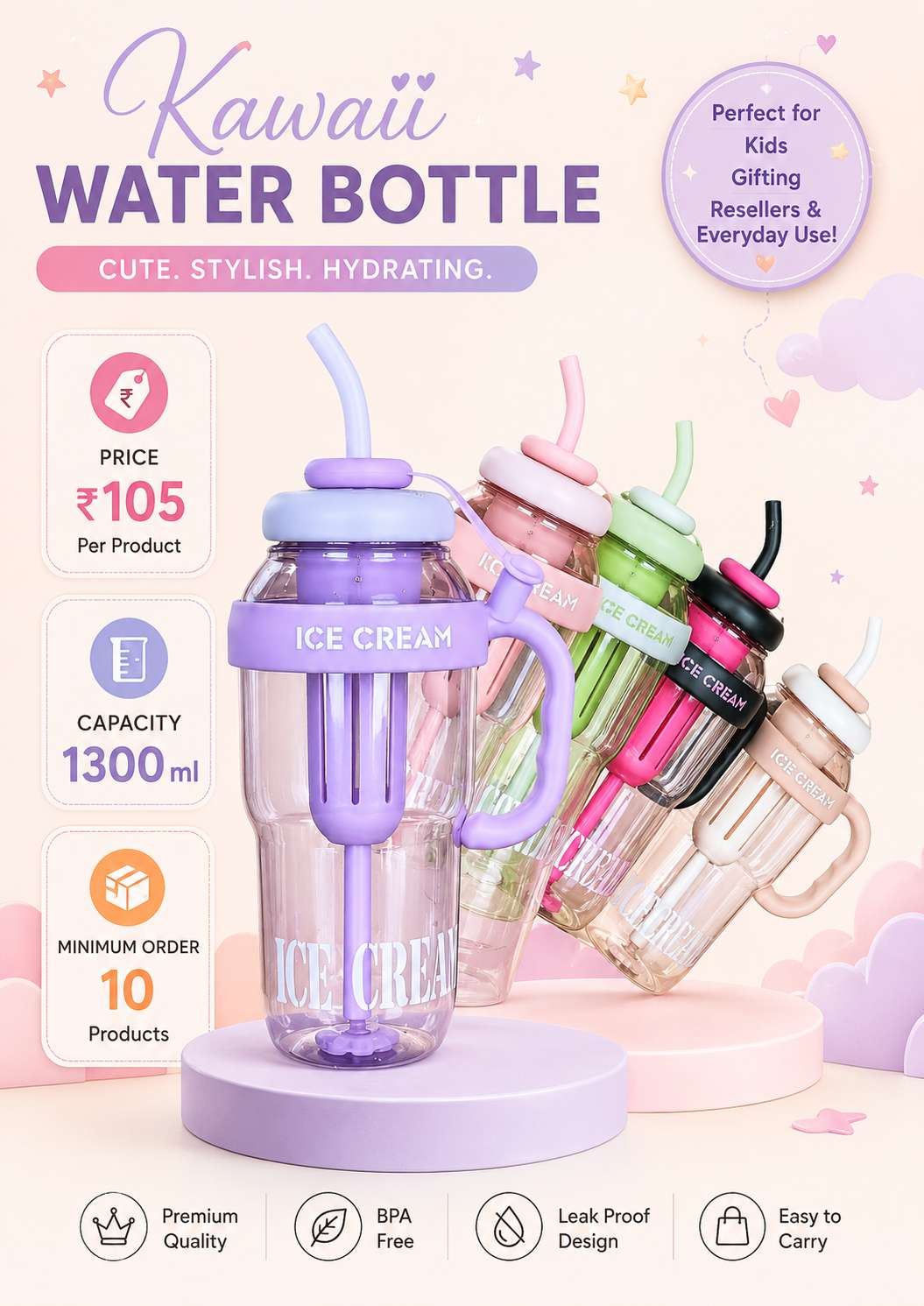 Kawaii Water Bottle — Ice Cream 1.3L
