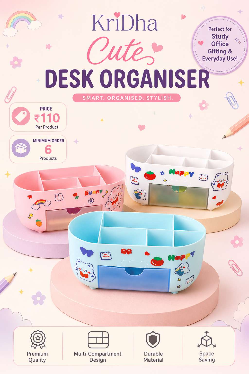 Cute Desk Organiser — Multi-Compartment